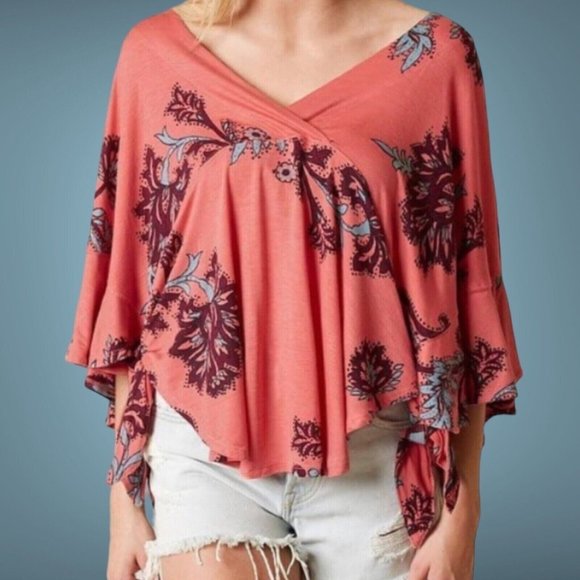 Free People Women Maui Wowie Blouse Tops Size XS Oversize Floral Flutter Sleeves - Picture 7 of 16
